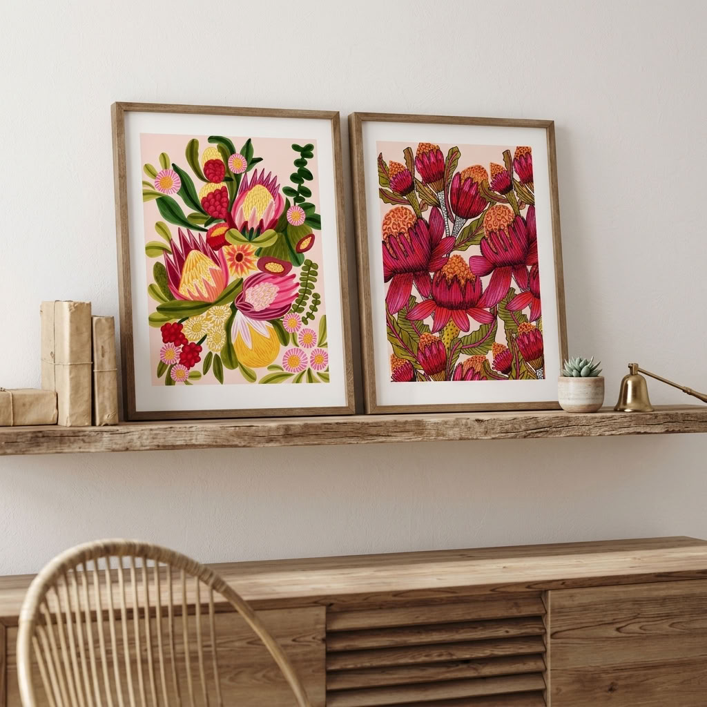 Modern Australian native wall art print set by Kirsten Katz, bold waratahs and proteas in rich pinks and reds