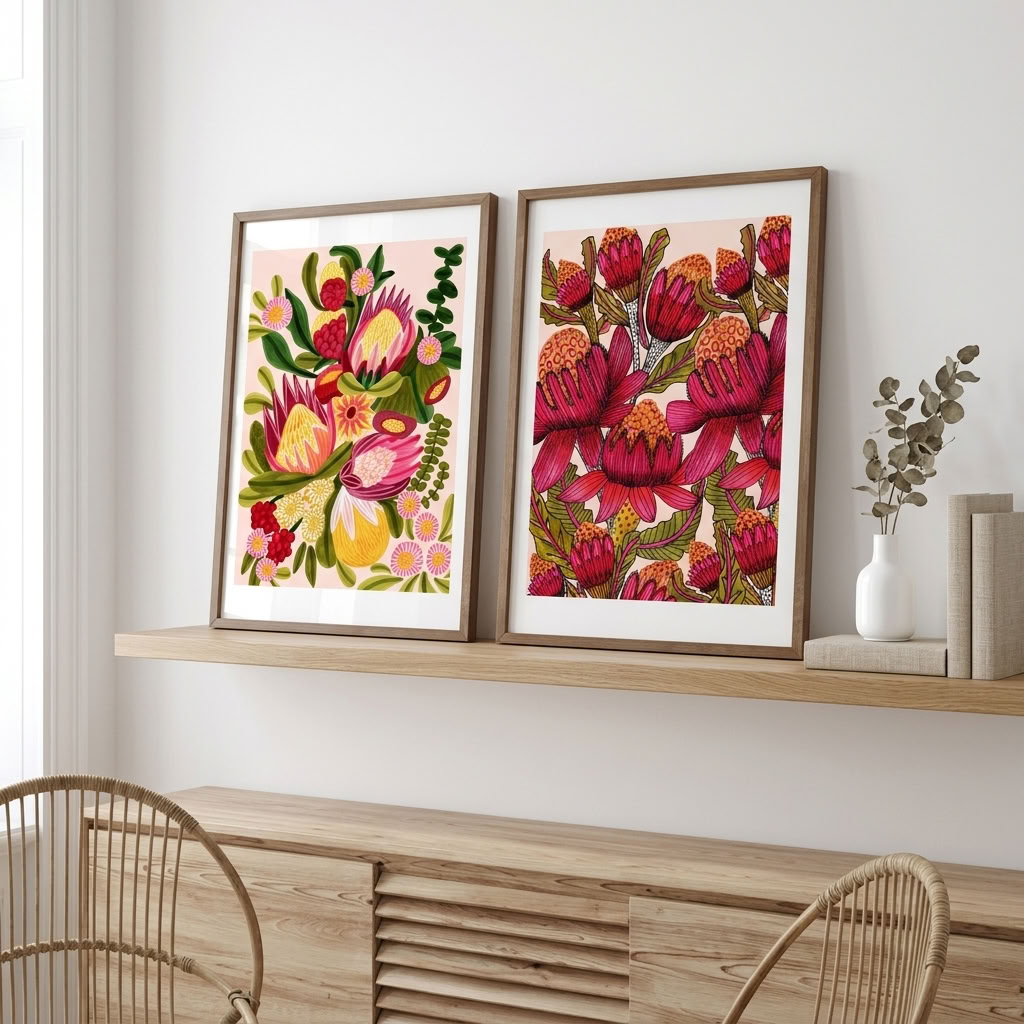 Two-print Waratahs & Proteas wall art set by Kirsten Katz, Australian artist, iconic native botanicals