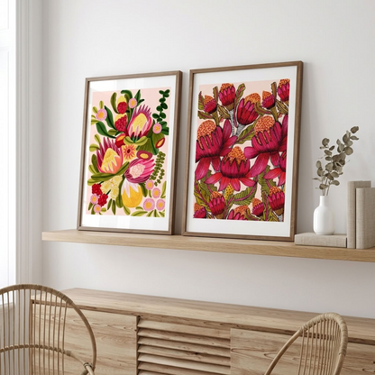 Two-print Waratahs & Proteas wall art set by Kirsten Katz, Australian artist, iconic native botanicals