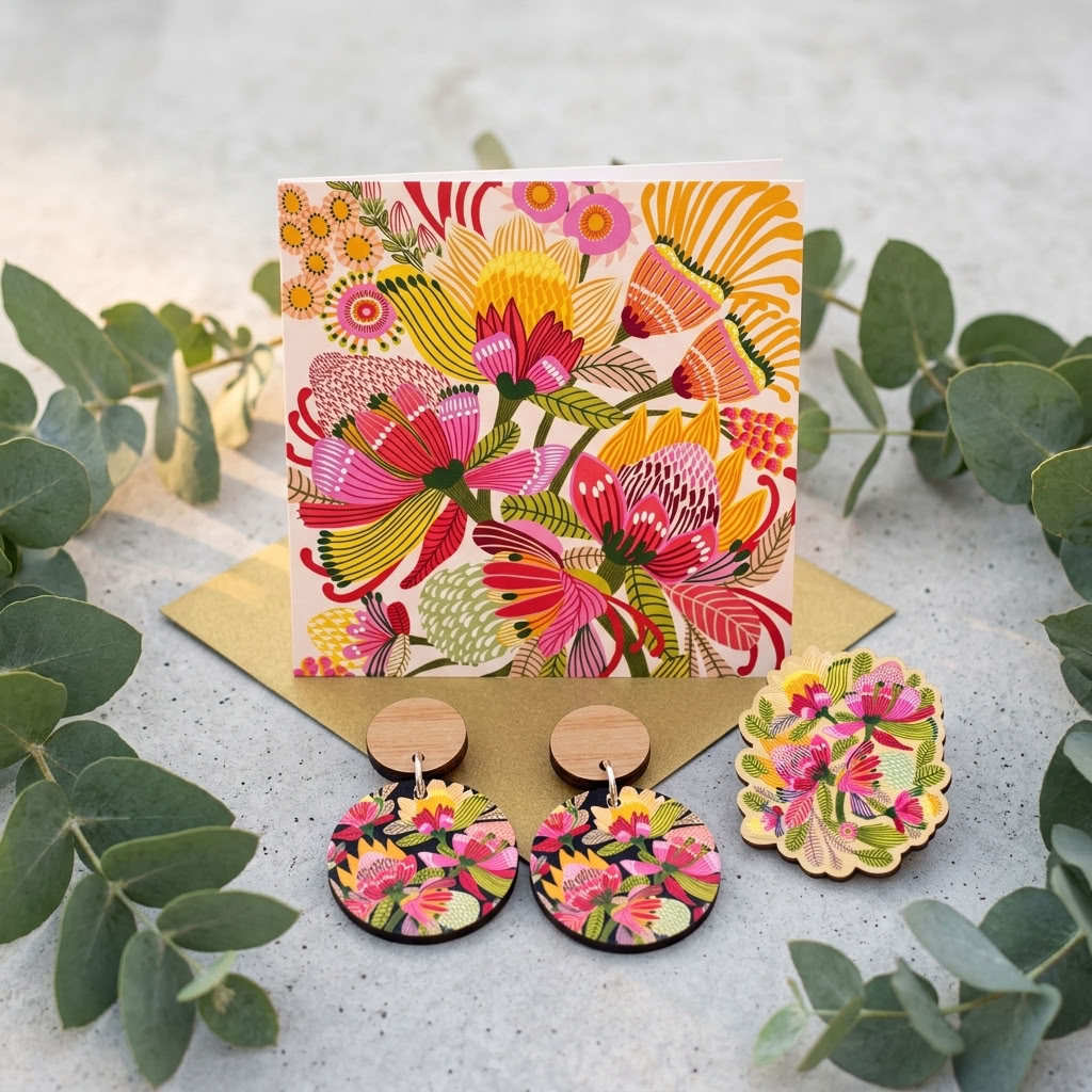 Hand-painted wild protea wooden earrings and brooch set by Kirsten Katz