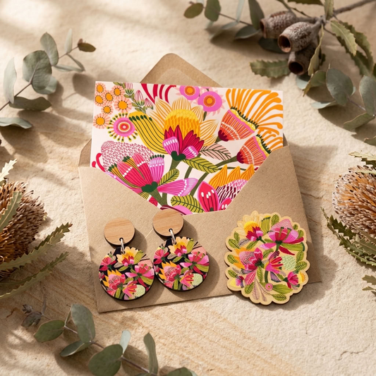 Wild Proteas wooden earrings and brooch, a botanical Australian gift by Kirsten Katz