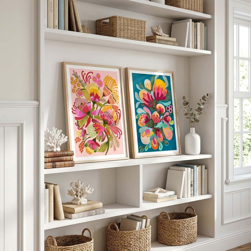 Wild Proteas botanical print set by Kirsten Katz, stylised proteas in magenta, coral and mustard