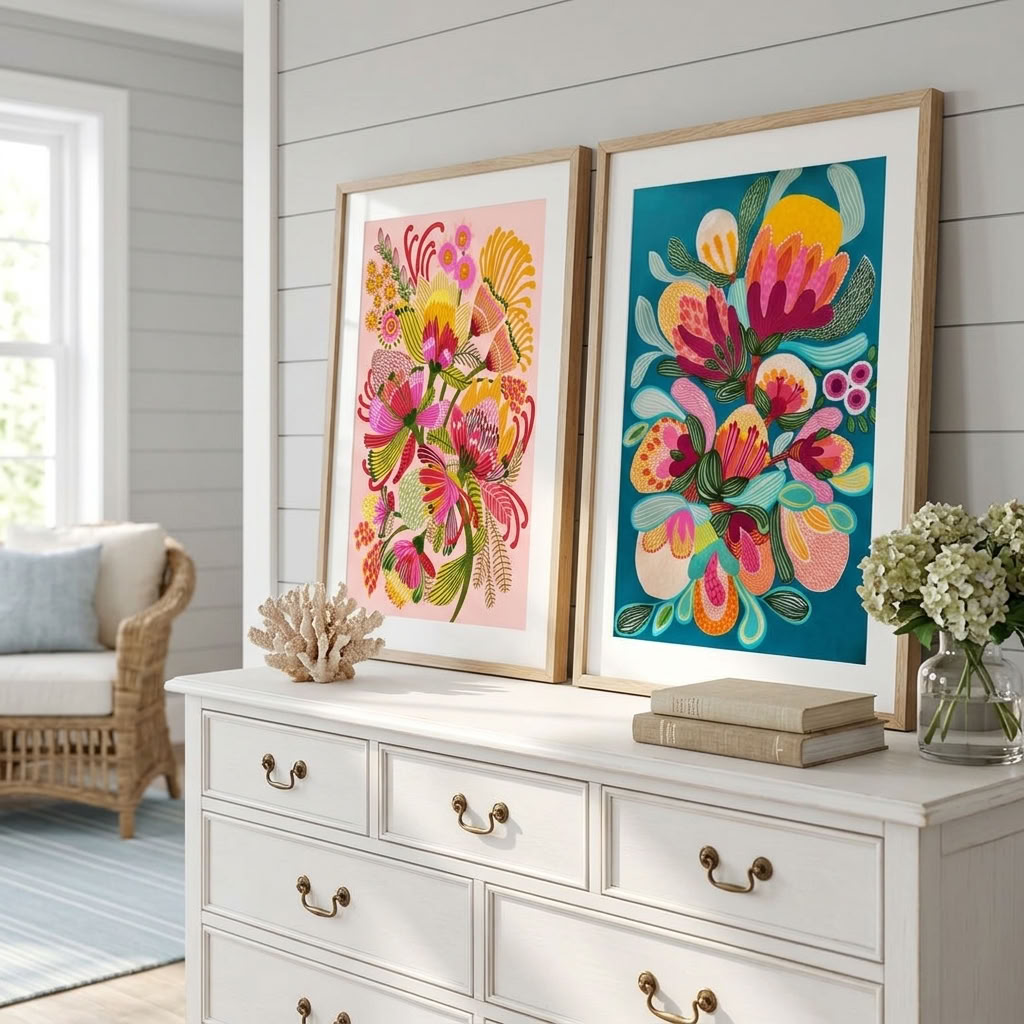 Wild Proteas gallery wall prints by Kirsten Katz, native proteas on contrasting teal and blush grounds