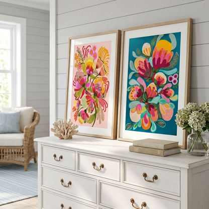 Wild Proteas gallery wall prints by Kirsten Katz, native proteas on contrasting teal and blush grounds