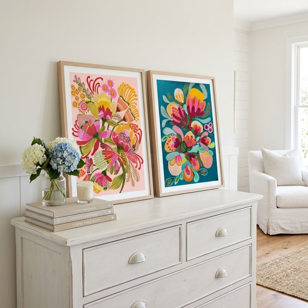 Modern botanical wall art print set by Kirsten Katz, Wild Proteas and Botany Blooms