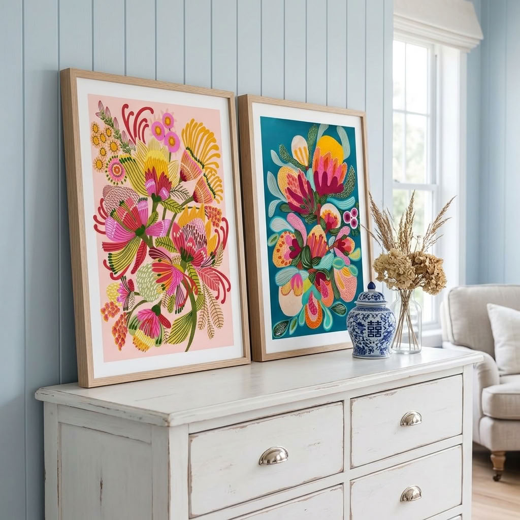 Wild Proteas two-print set by Kirsten Katz, contemporary Australian protea wall art