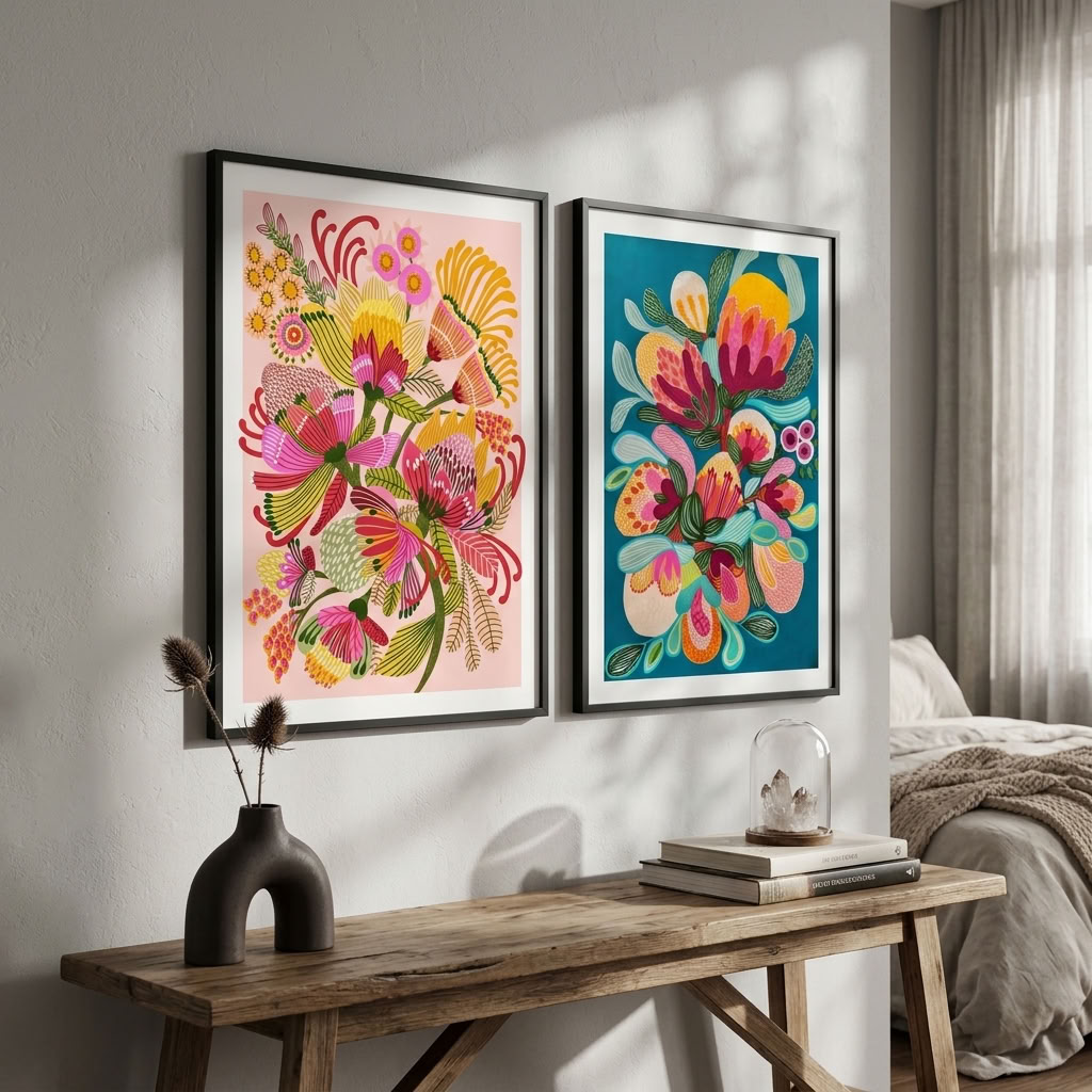 Set of two Wild Proteas art prints by Kirsten Katz featuring stylised proteas on teal and blush grounds