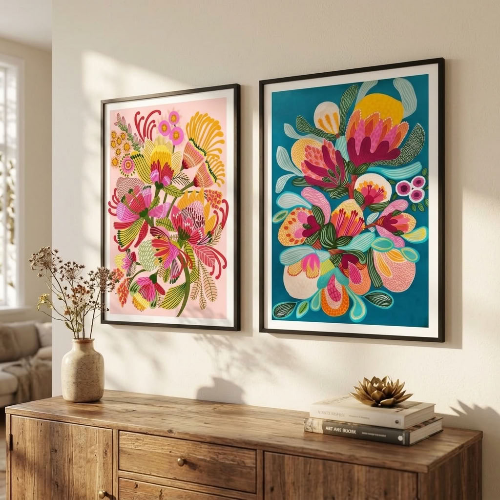 Wild Proteas gallery wall set by Kirsten Katz, bold native proteas and banksias in pink, coral and yellow
