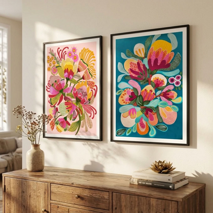 Wild Proteas gallery wall set by Kirsten Katz, bold native proteas and banksias in pink, coral and yellow