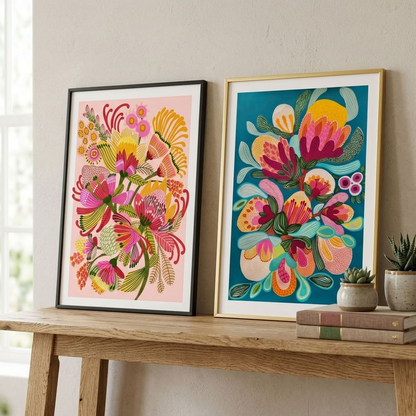 Modern Australian protea wall art print pair by Kirsten Katz, one on rich teal and one on soft blush