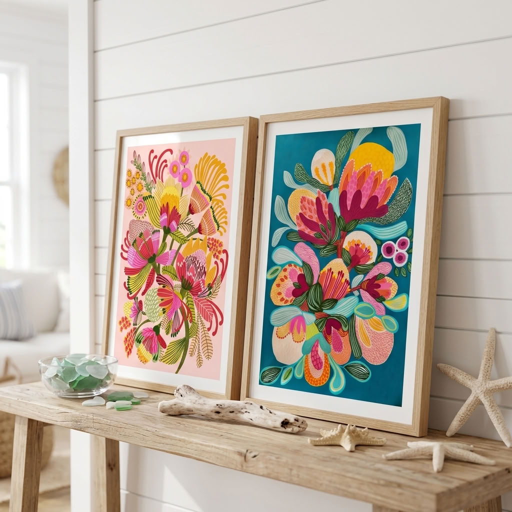 Two-print Wild Proteas wall art set by Kirsten Katz, Australian artist, colourful modern botanicals