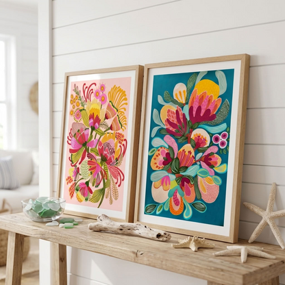 Two-print Wild Proteas wall art set by Kirsten Katz, Australian artist, colourful modern botanicals