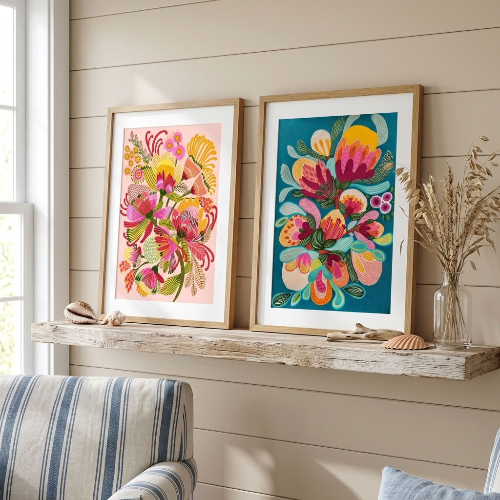 Kirsten Katz protea print pair, warm pinks and yellows with leafy fronds on blush and teal