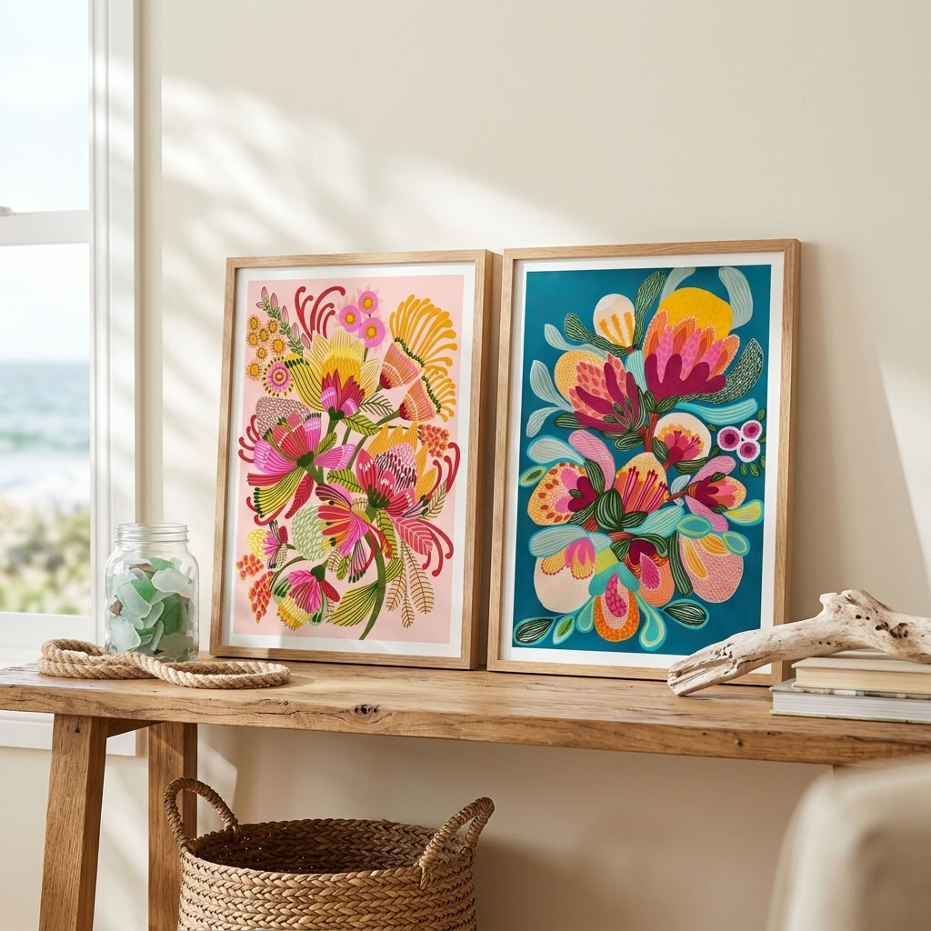 Wild Proteas wall art print set by Kirsten Katz, joyful native protea prints for modern interiors