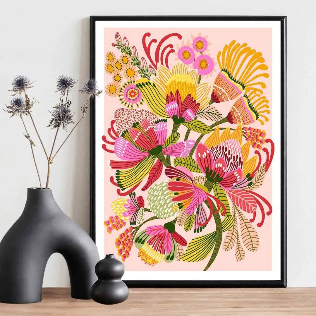 Wild Proteas Modern wall art print by Kirsten Katz — stylised proteas in warm pinks, yellows and reds