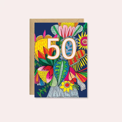 Wild Things 50th Birthday Card – Colourful Vase of Flowers  Kirsten Katz