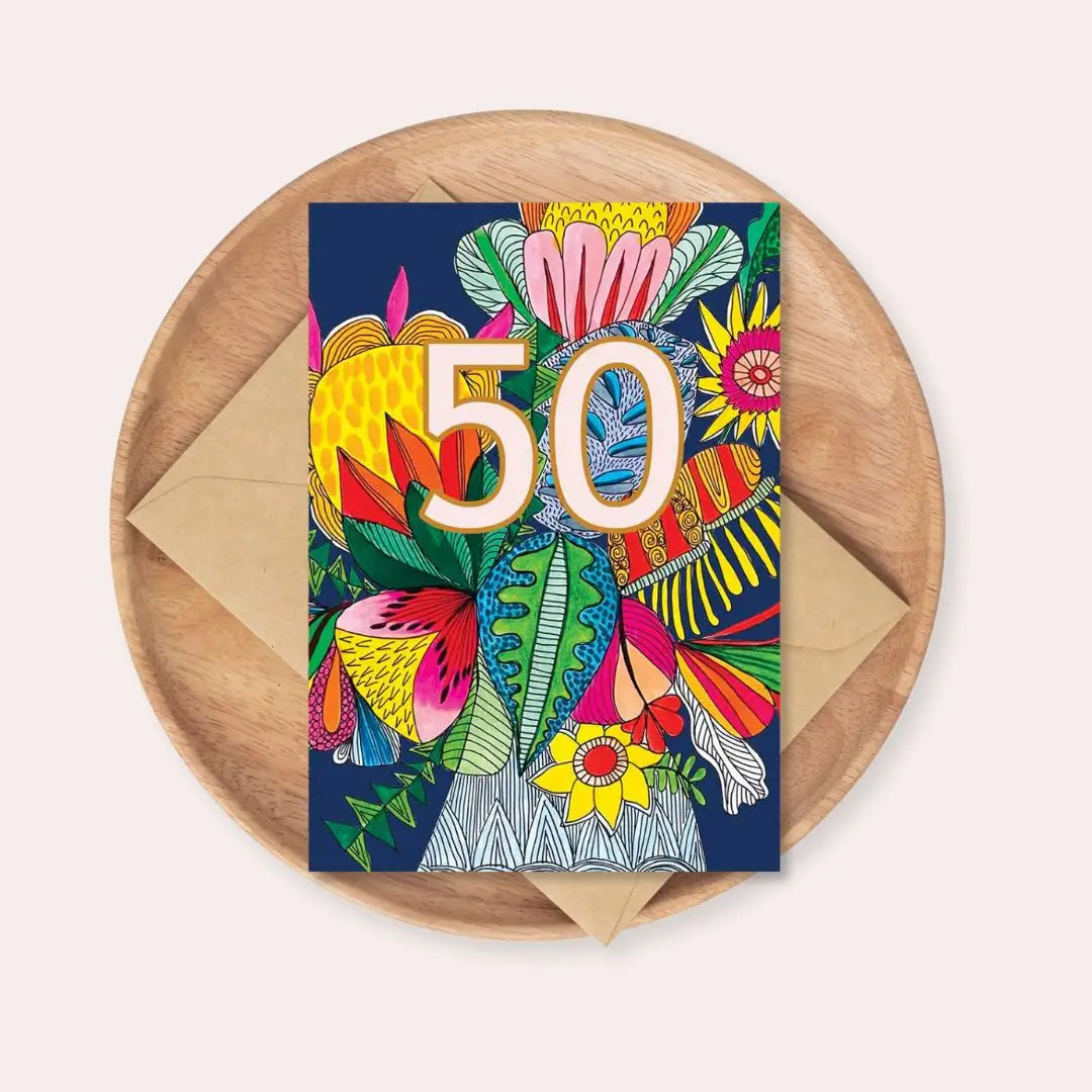 Wild Things 50th Birthday Card – Colourful Vase of Flowers  Kirsten Katz