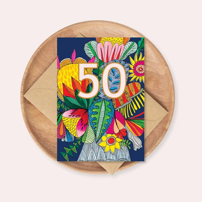 Wild Things 50th Birthday Card – Colourful Vase of Flowers  Kirsten Katz