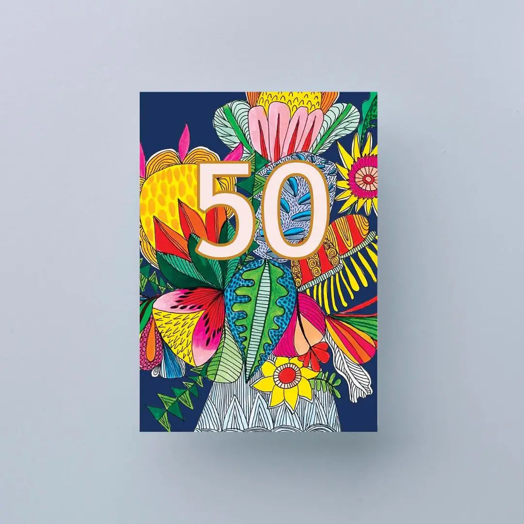 Wild Things 50th Birthday Card – Colourful Vase of Flowers  Kirsten Katz