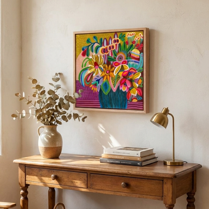 Decorative interior with a wooden table, vase with flowers, books, and a colorful painting on the wall.