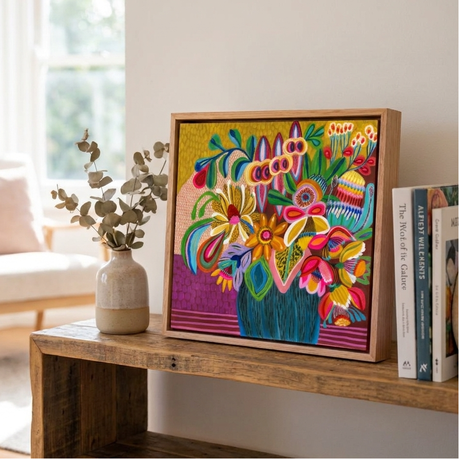 Colorful abstract artwork on a wooden shelf with a vase and books in a room.
