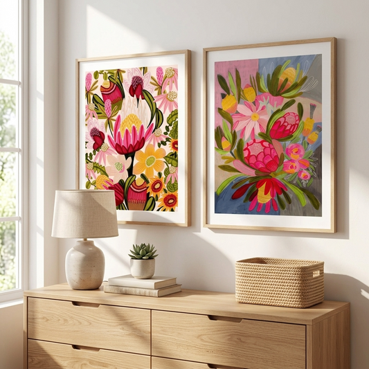 Pink Protea & Blue Bouquet Print Set