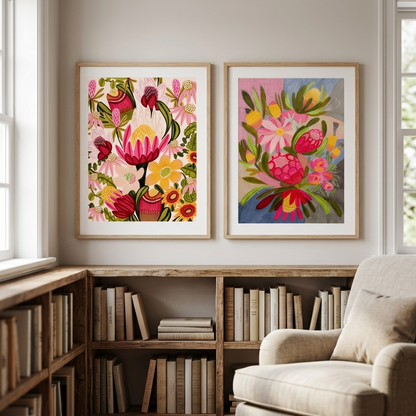 Pink Protea & Blue Bouquet Print Set