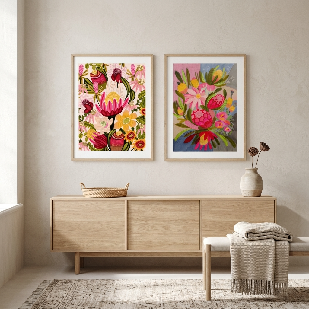 Pink Protea & Blue Bouquet Print Set