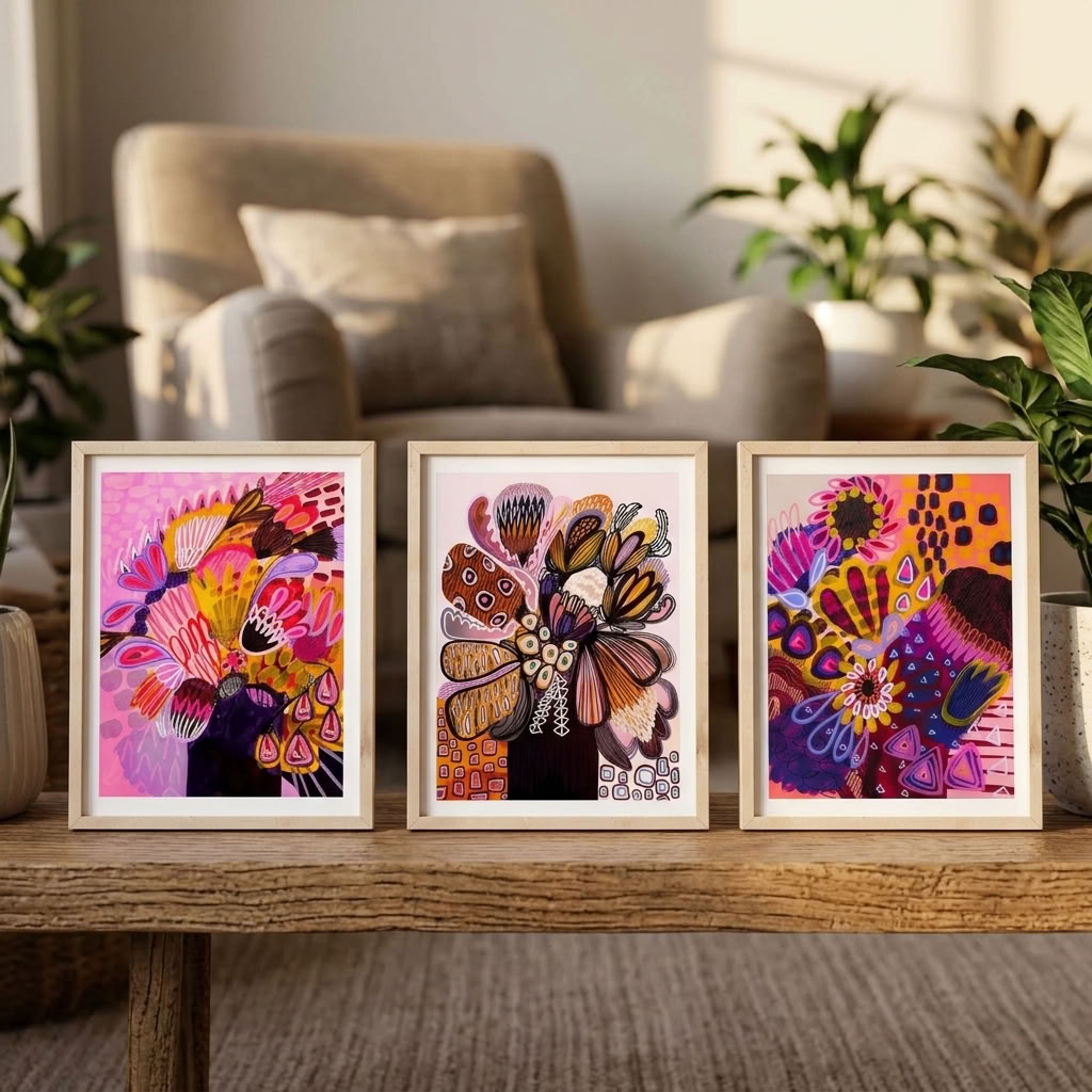 Modern Native Abstract wall art print set by Kirsten Katz, three abstract prints of banksias, proteas and blooms