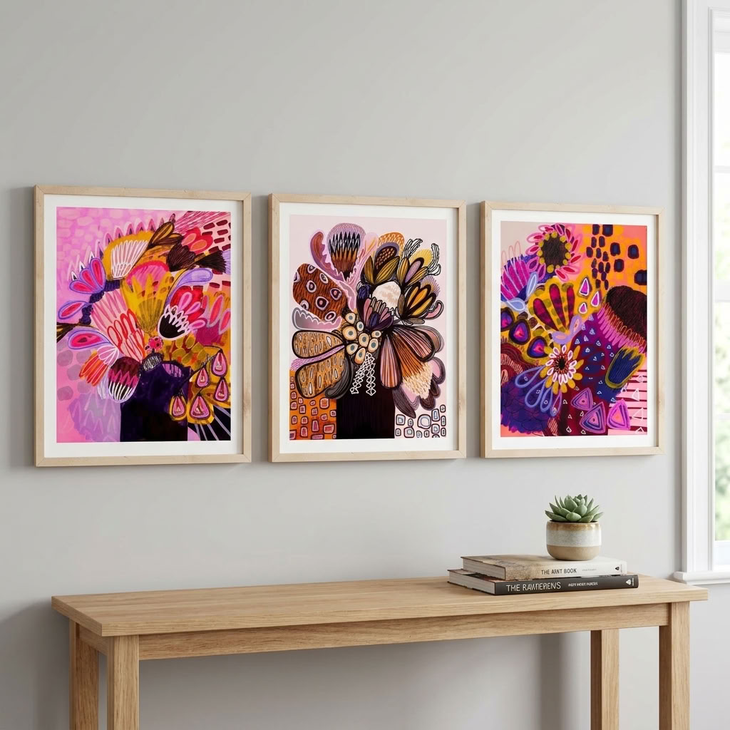 Kirsten Katz Modern Native Abstract print set, Big Banksia, Pink Proteas and Flowers in Purple Vase