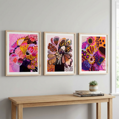 Kirsten Katz Modern Native Abstract print set, Big Banksia, Pink Proteas and Flowers in Purple Vase