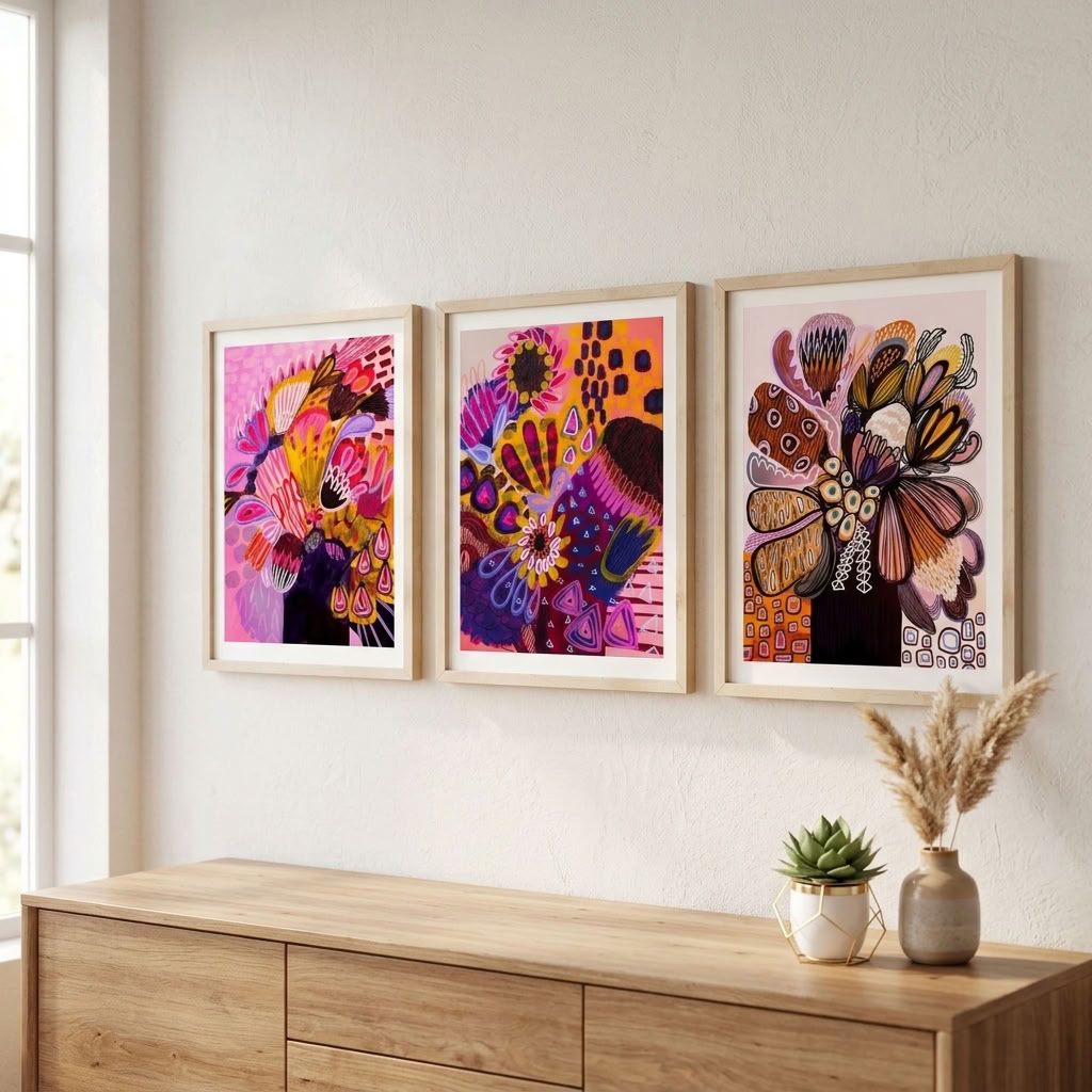 Modern Native Abstract gallery wall set by Kirsten Katz, abstract banksias and proteas with expressive linework