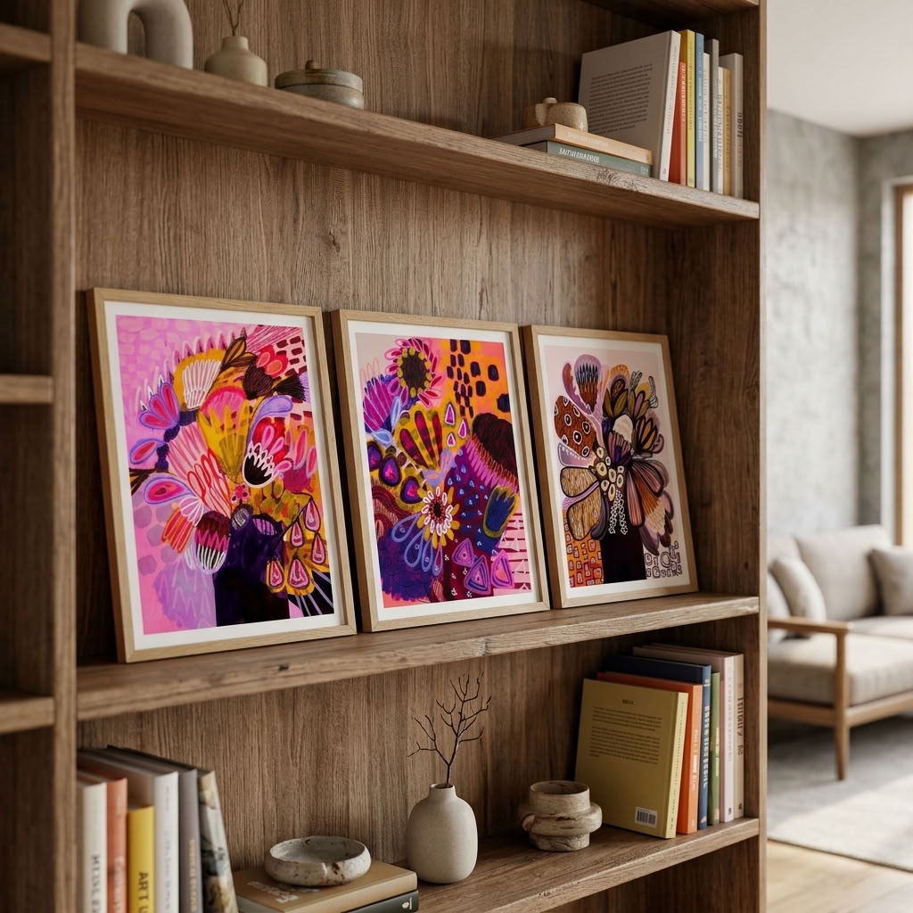 Abstract Australian native wall art print set by Kirsten Katz in warm pink, mustard, purple and teal