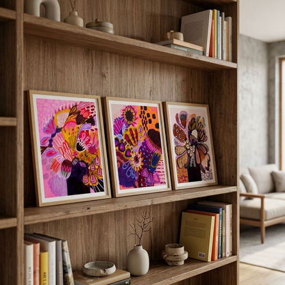 Abstract Australian native wall art print set by Kirsten Katz in warm pink, mustard, purple and teal