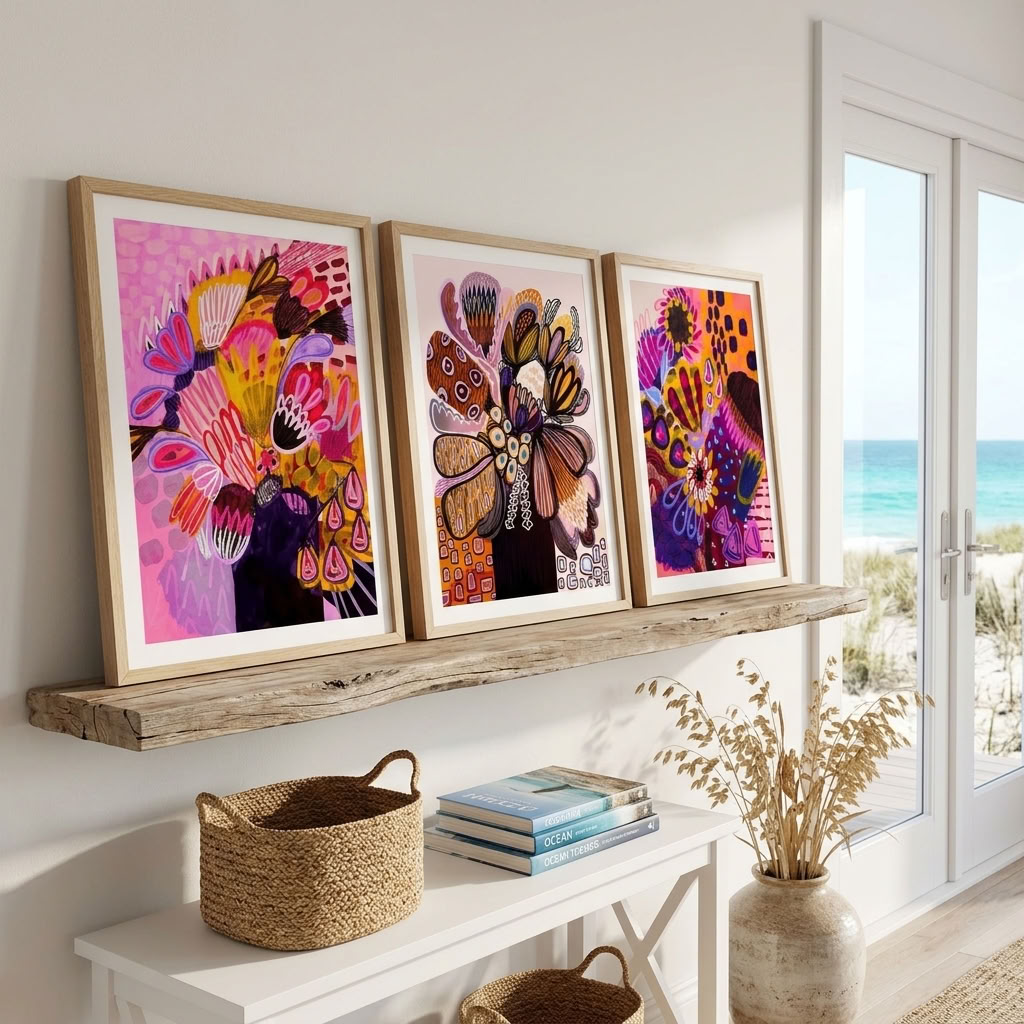 Modern Native Abstract art print set by Kirsten Katz, stylised native blooms and a floral still life in a purple vase