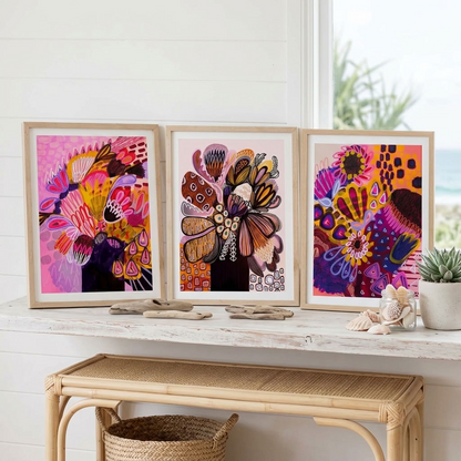 Three-print Modern Native Abstract wall art set by Kirsten Katz, Australian artist, bold abstract botanicals