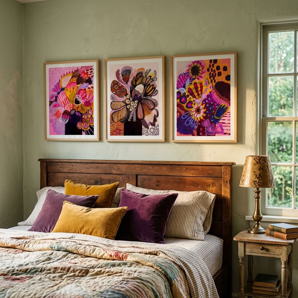 Modern Native Abstract wall art print set by Kirsten Katz, energetic abstract native florals on pink grounds