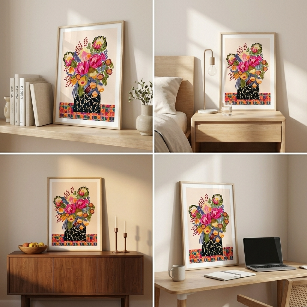 Framed floral artwork displayed in various home settings.