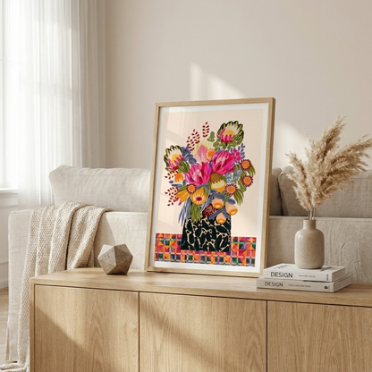 birthday bouquet wall art print featuring colourful floral artwork in a modern interior