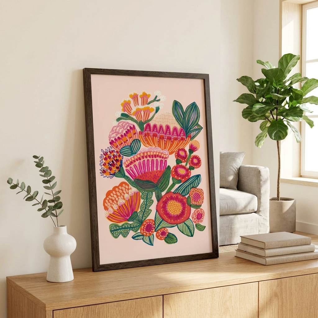 botanical wall art print displayed above a console table showing size and scale
