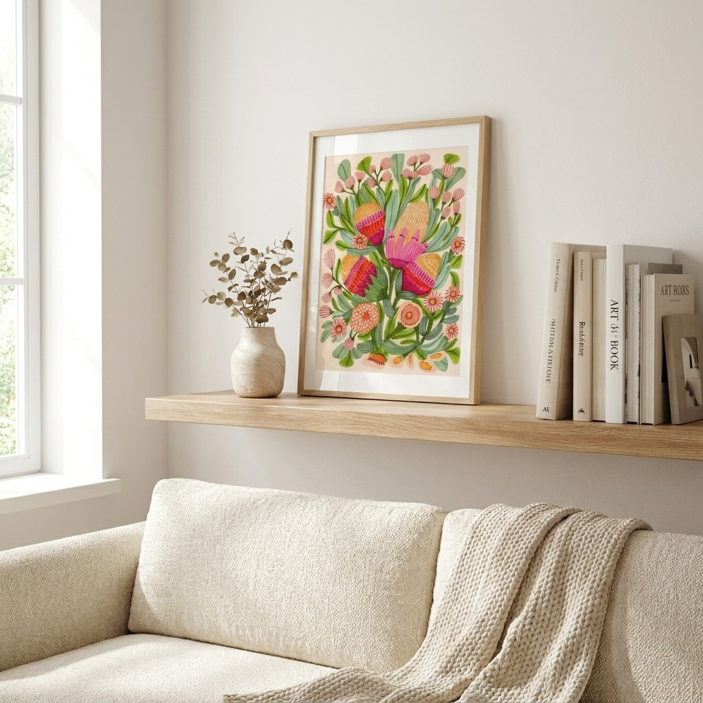 Living room with a sofa, shelf with books and a colorful botanical painting, and a vase with plants.
