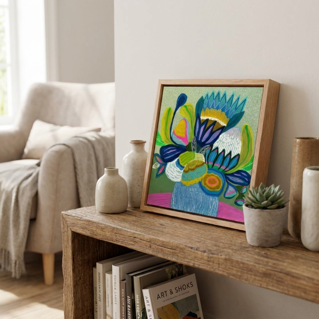 Framed colorful artwork on a wooden side table in a living room.