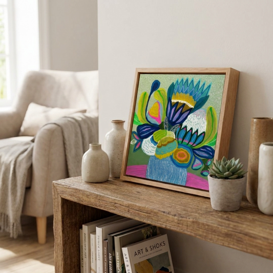 Framed colorful artwork on a wooden side table in a living room.