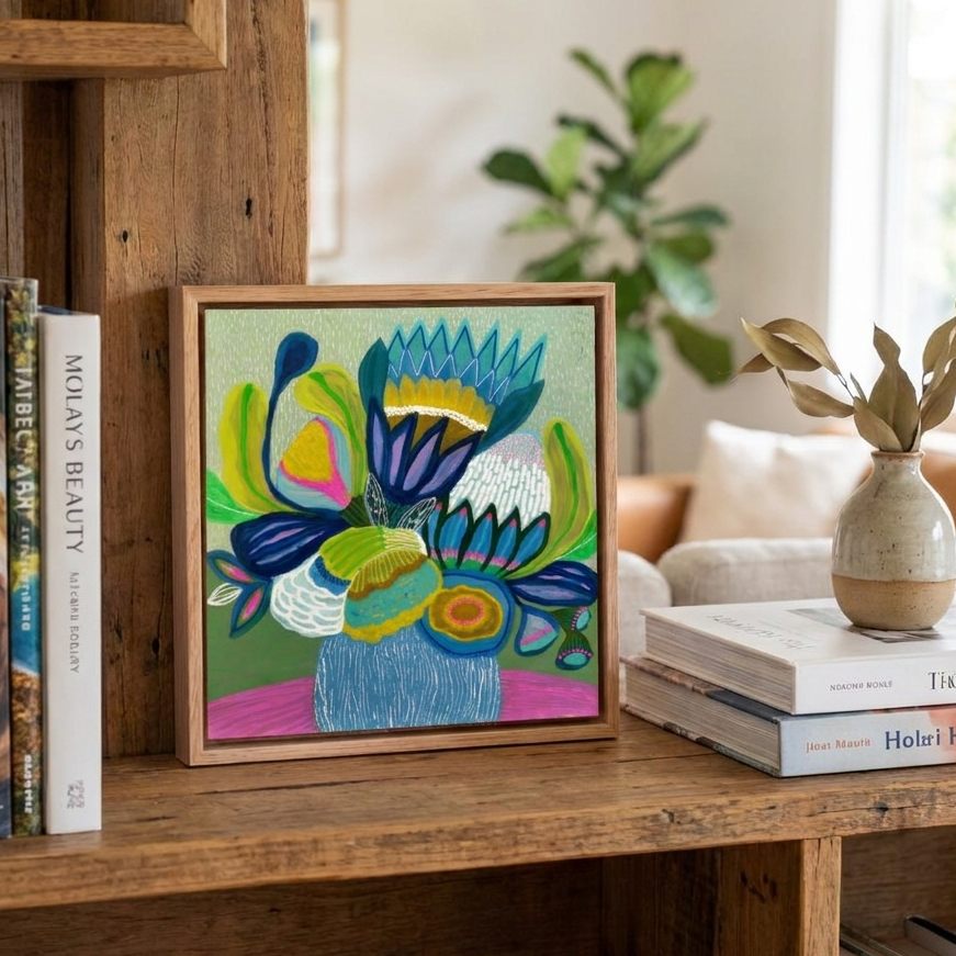 Framed colorful artwork on a wooden shelf with books and a plant in the background