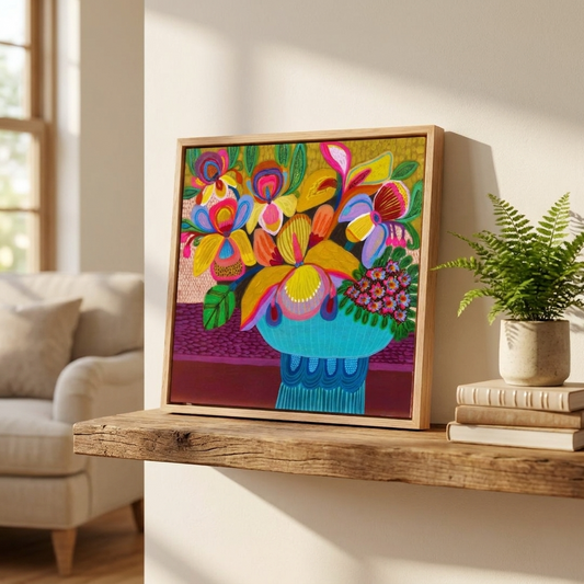 Colorful floral artwork in a wooden frame on a shelf in a living room.