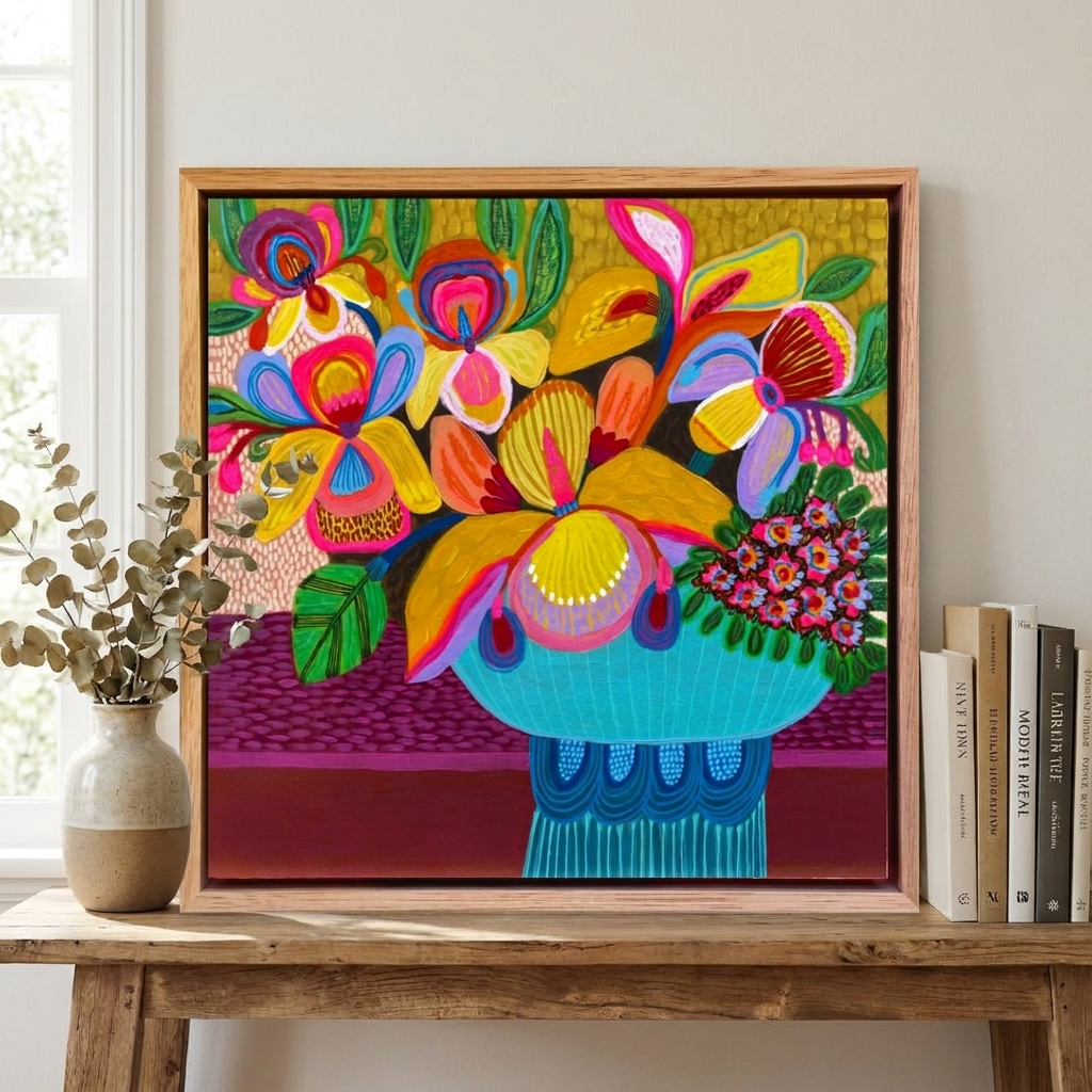 Colorful floral artwork in a wooden frame on a table with books and a plant.