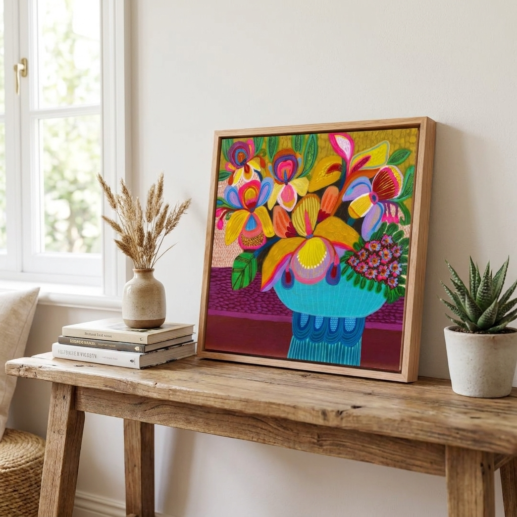 Colorful floral artwork in a wooden frame on a wooden table with books and plants.
