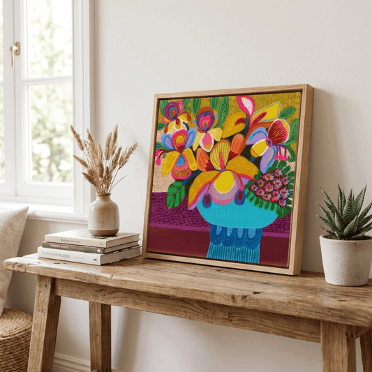 Colorful floral artwork in a wooden frame on a wooden table with books and plants.