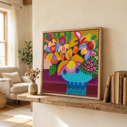 Colorful floral artwork on a wooden shelf in a living room.