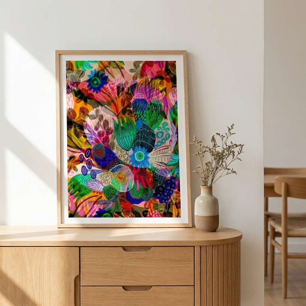 Colorful abstract artwork in a wooden frame on a light wooden cabinet.